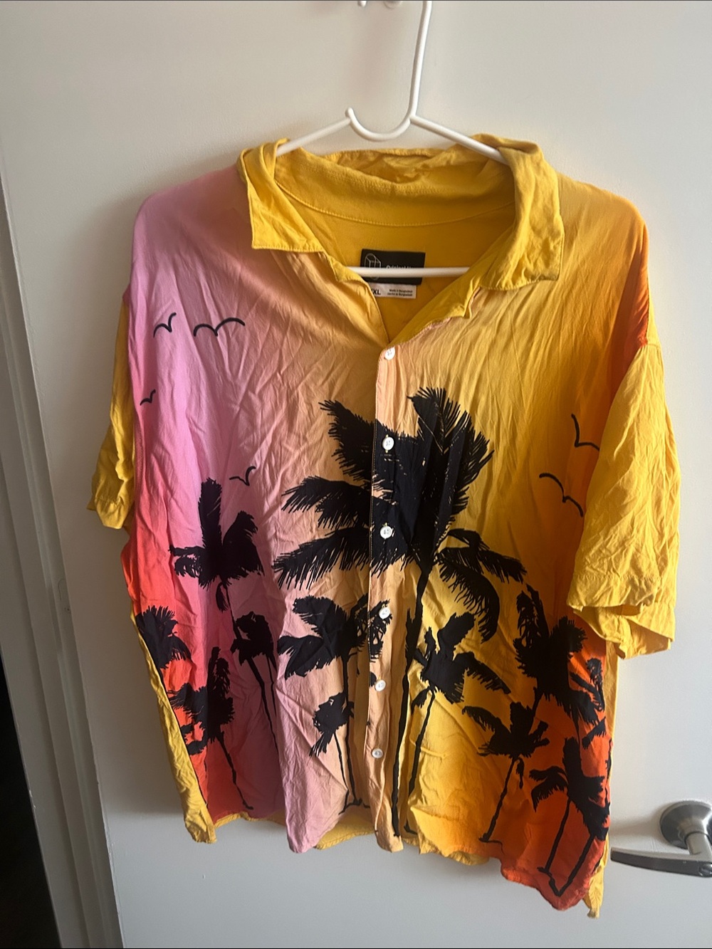 Sunset Palm Print Button-Up Shirt - Yellow Pink Orange - sz XXL